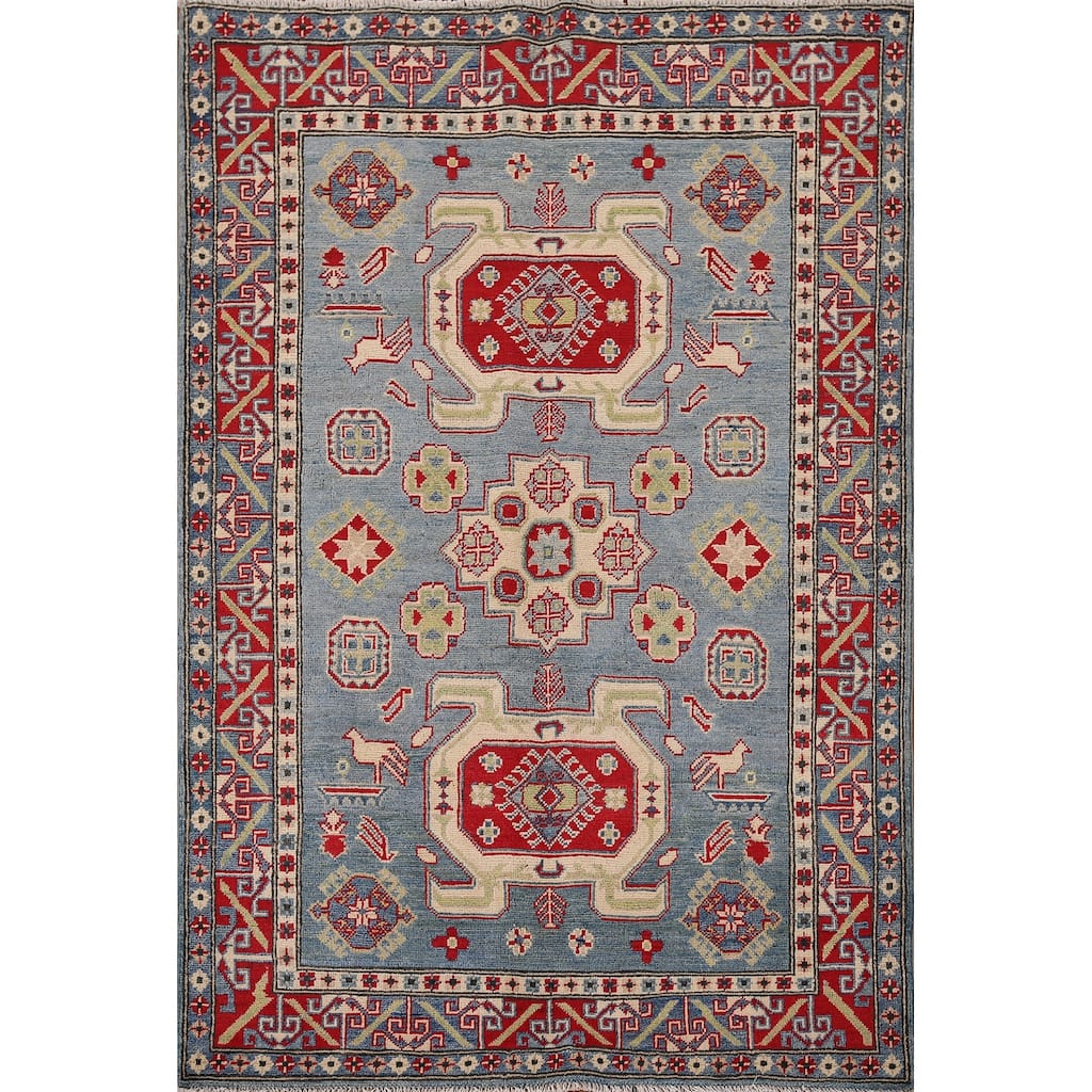 Geometric Blue Kazak Oriental Area Rug Handmade Wool Carpet - 4'3" x 5'11"
