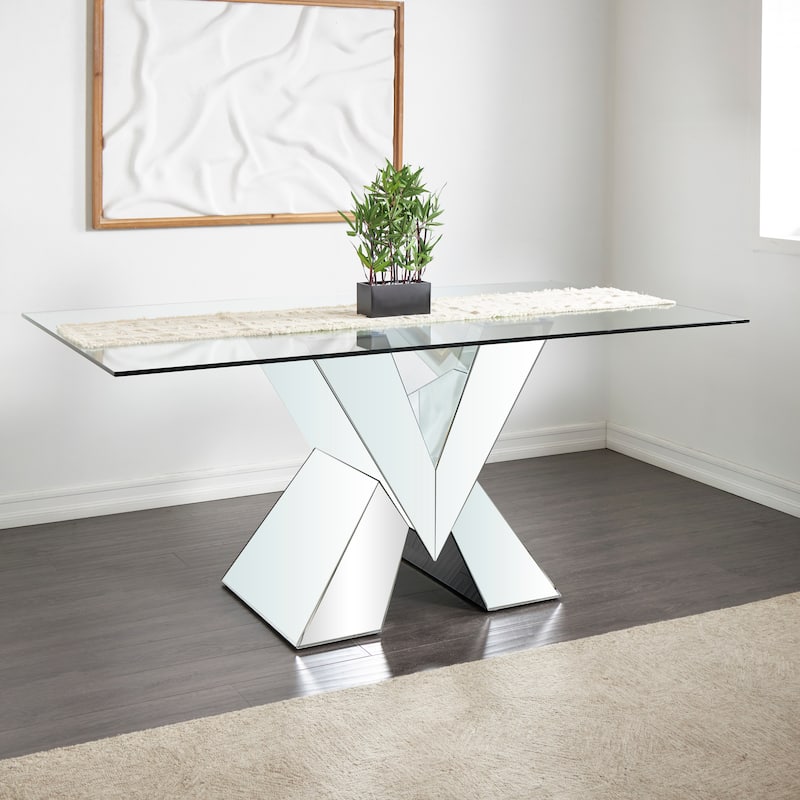 Silver Glass Dining Table with Silver X-Shaped Base - Silver