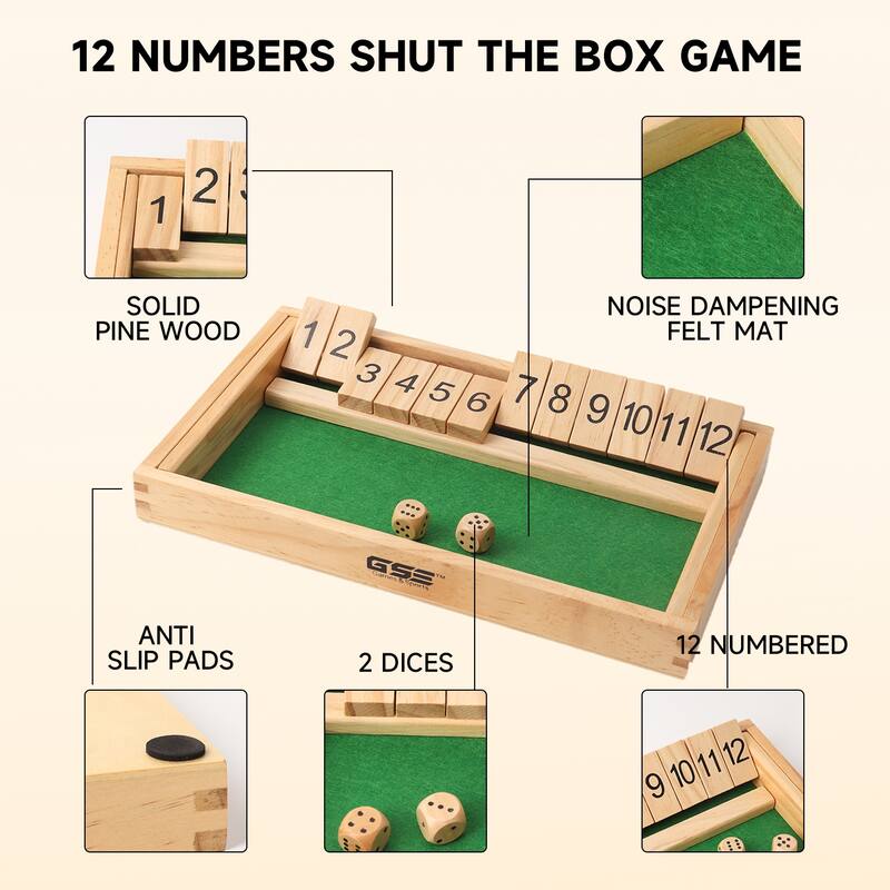 GSE™ Wooden 12 Number Shut The Box Dice Game Set for Family Game Night, Dice Table Games, Bar Games