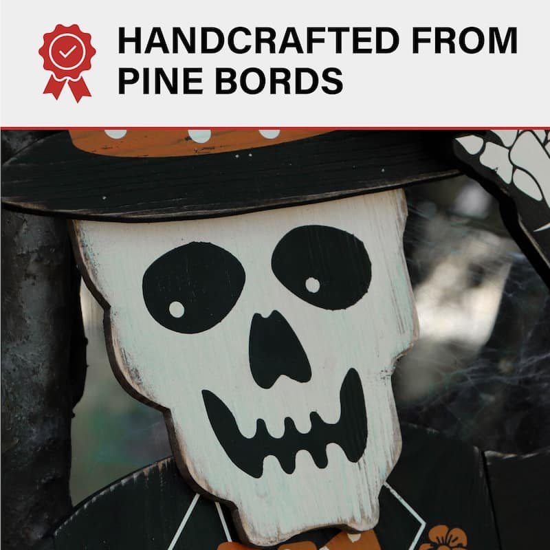 Haunted Hill Farm 46-In. Skeleton Holding a Carved Pumpkin Wood Yard Stake for Halloween Decoration
