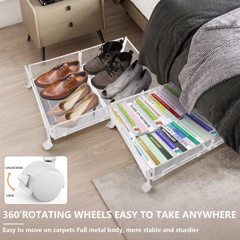 Innovaze Under Bed Storage Containers with Wheels, 2-Pack - Foldable Metal Rolling Organizers for Clothes, Bedding & Toys