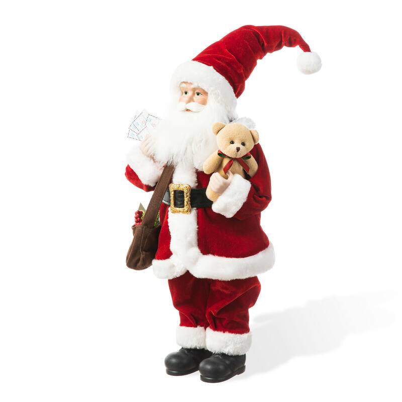 Glitzhome 18"H Faux Fur Christmas Santa Figurines with Porcelain Face