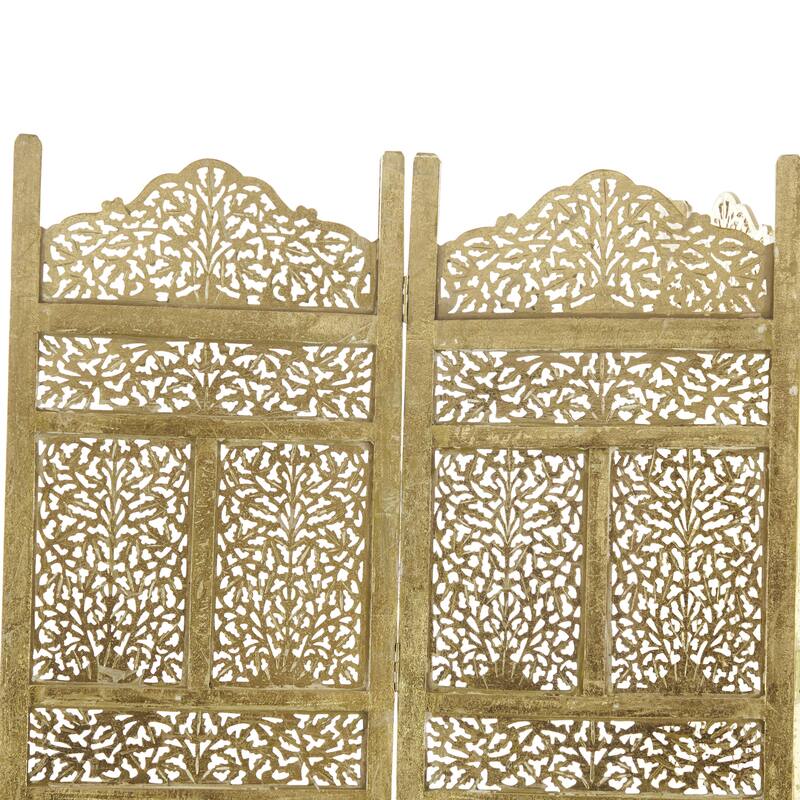 Gold Wooden Handmade Foldable Partition 4 Panel Floral Partition Room Divider Screen with Carved Designs