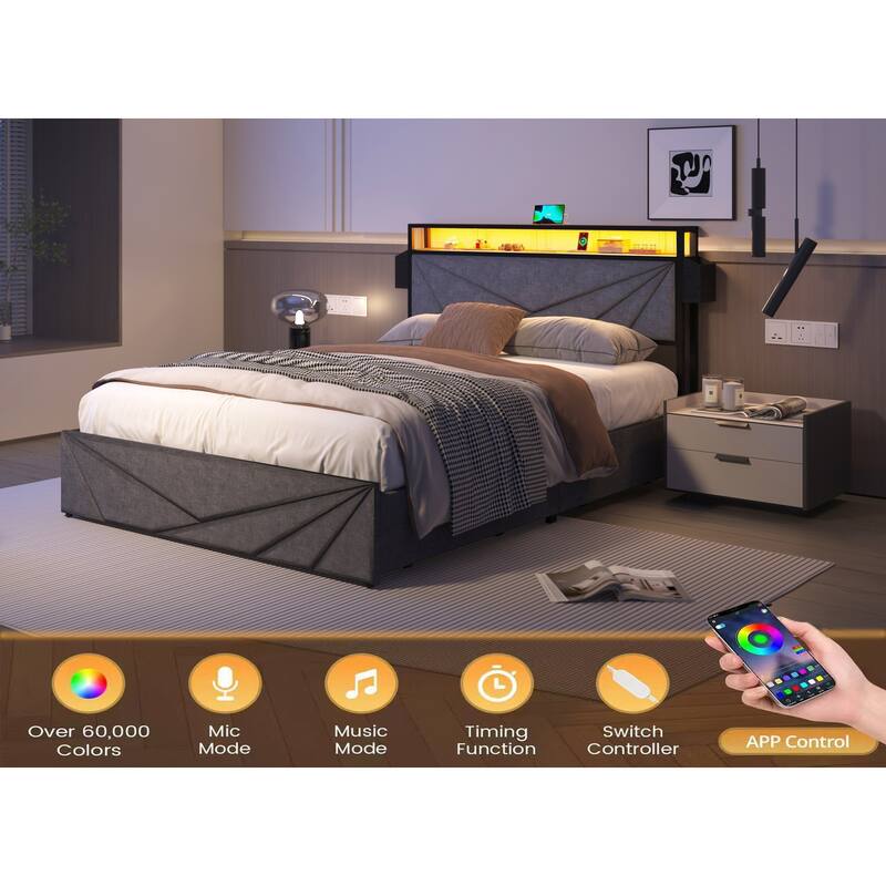 Dark Grey LED Queen Storage Bed with USB Charging Headboard and 4 Drawers USB Ports