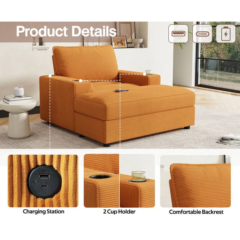 Roomfitters Oversized Chaise Lounge Chair with Storage Ottoman and Built-in USB Charging Port, Corduroy Sleeper Couch