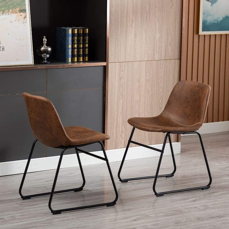 Home Beyond Set of 2 Pcs Synthetic Leather Upholstered Dining Chairs Armlesss with Metal Frame UC-13BRN