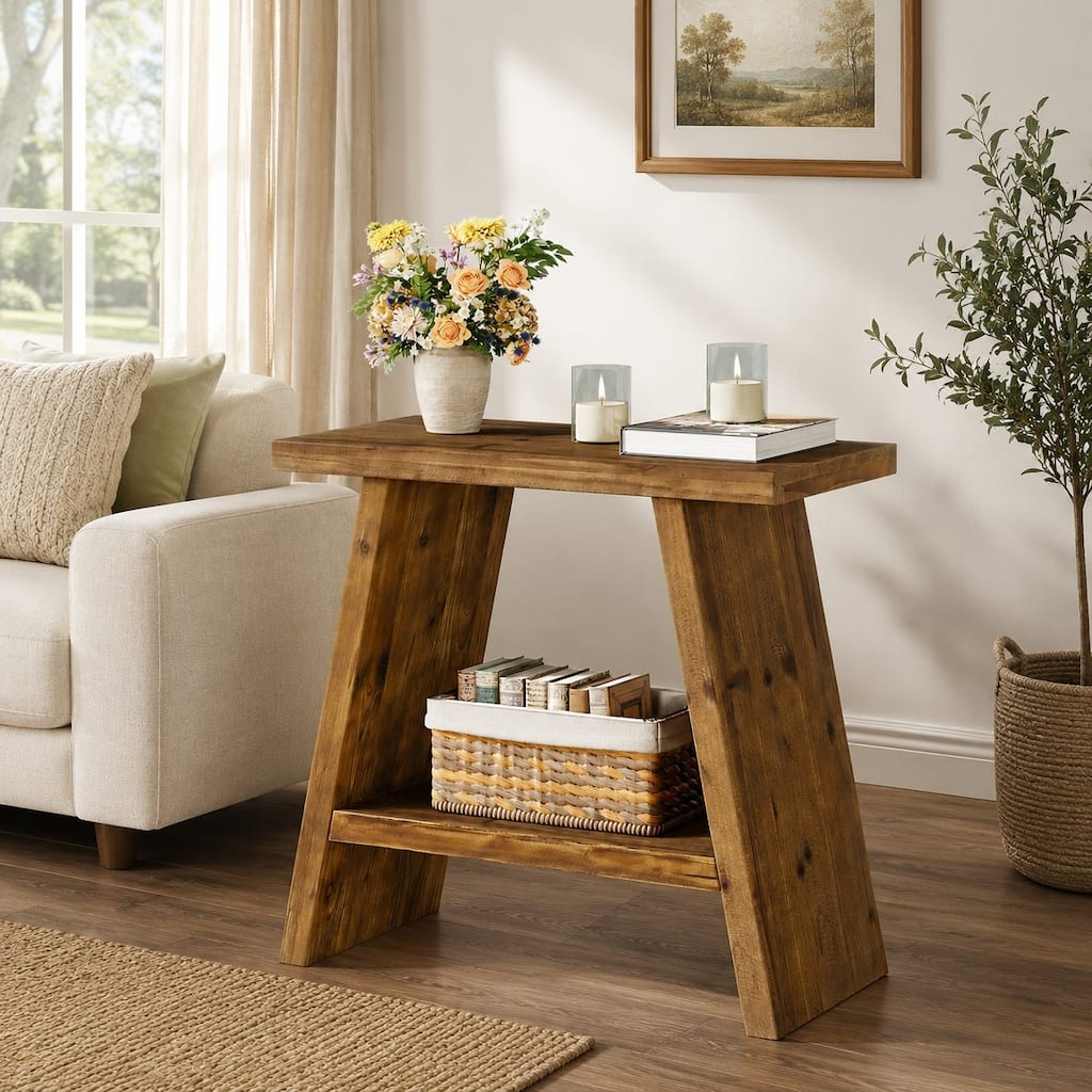 Solid Wood End Table, 2-tier Narrow Small Side Table Nightstand - 11.81"D x 23.62"W x 23.62"H