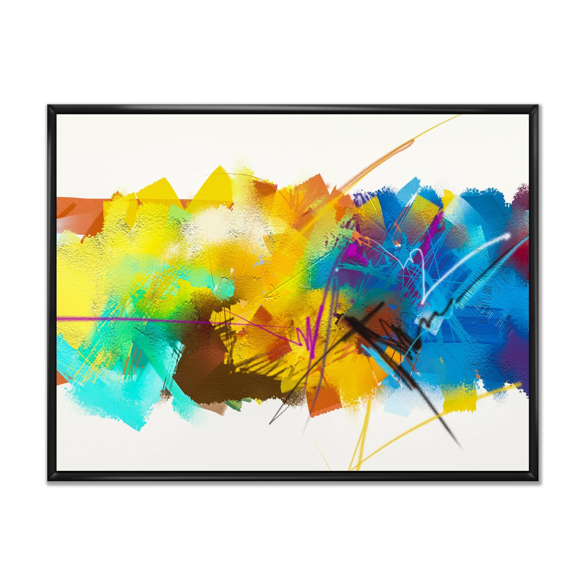 Designart "Yellow And Blue Paint Storm Impression" Modern Framed Canvas artwork Bed Bath