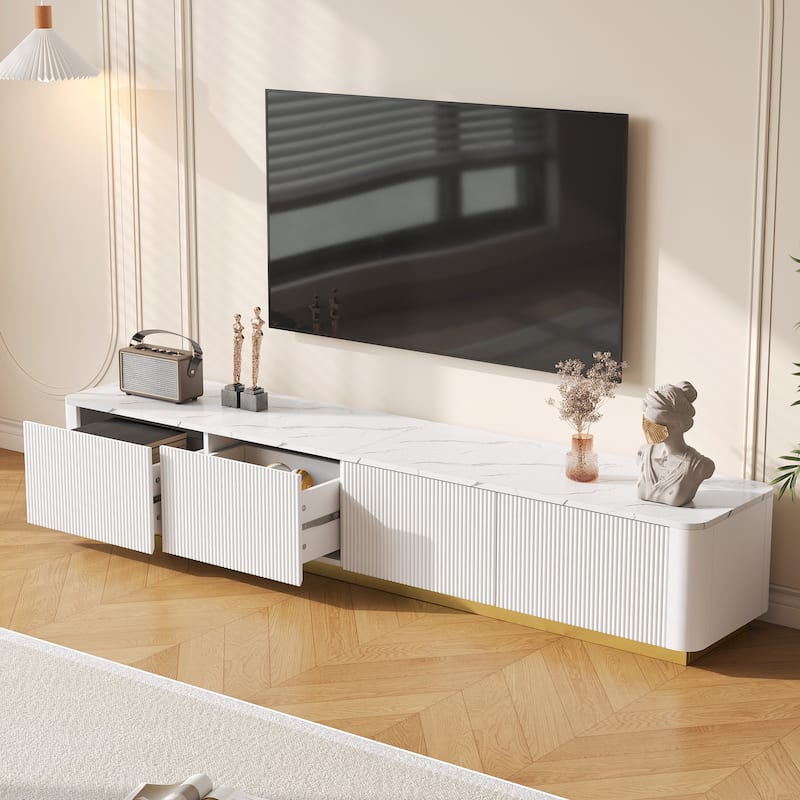 Fluted Tv Stand For Tvs Up To 85", Faux Marble Tabletop Media Console With 4 Drawers,Curved Profile Design