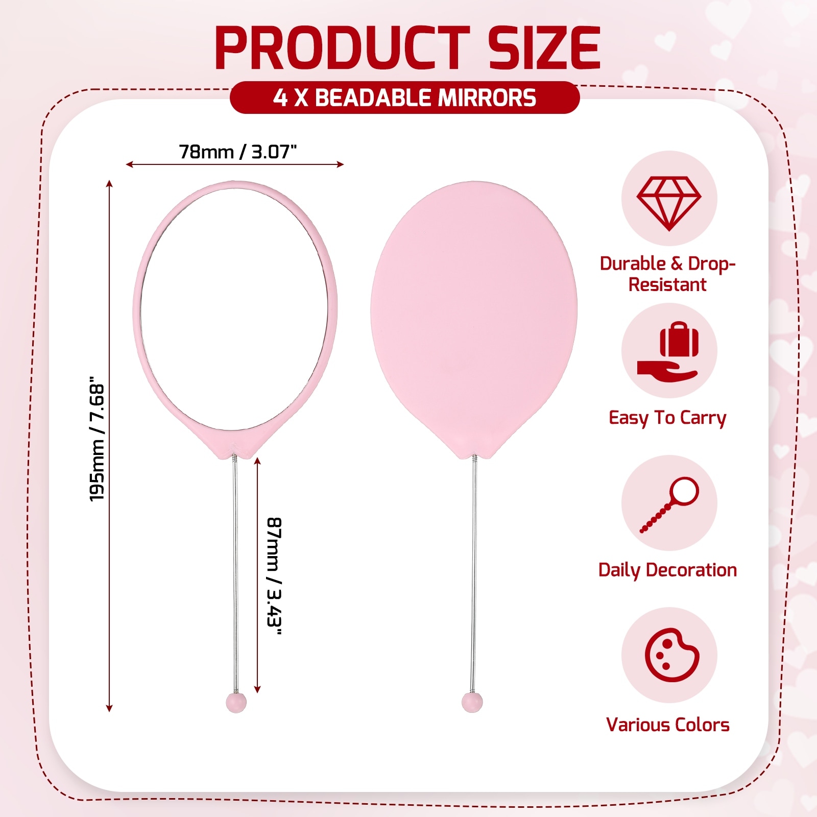 Beadable Mirrors with Handle Long Bead Mirror Bars Removable Portable for Women DIY Crafts Travel Makeup