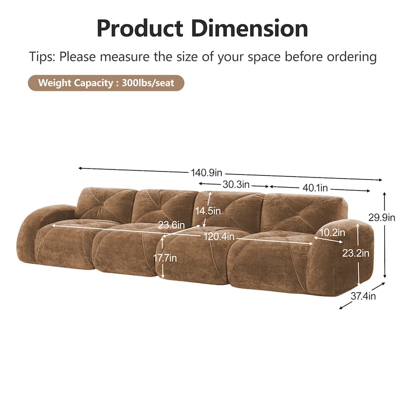Roomfitters 114 Inch Modular Floor Sofa, Fluffy Plush Sectional with Ottoman, Chocolate