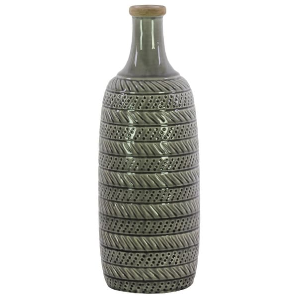 Lidded Ceramic Bottle Vase With Engraved Parallel Design, Large, Light Gray