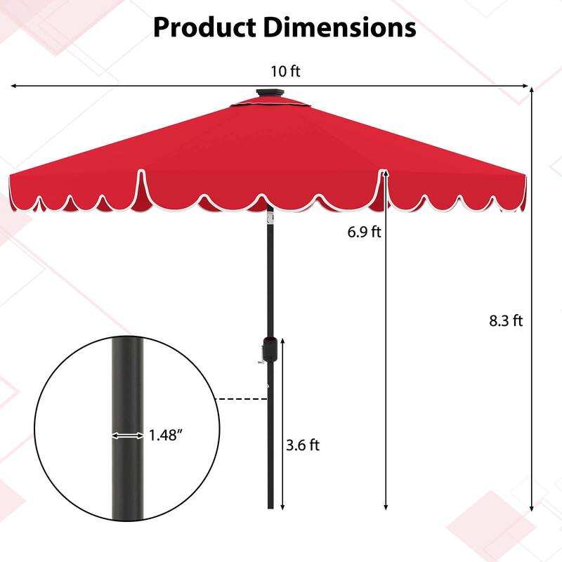 Costway 10 FT Solar Patio Umbrella with 24 LED Lights 8 Ribs & Tilt