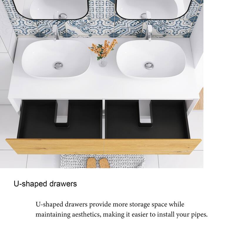 Floating Bathroom Vanity with Solid surface Top in F.OAK and Matte White