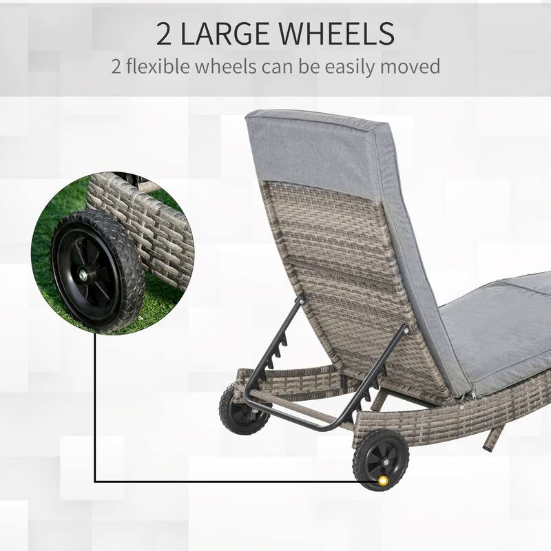 Outdoor Chaise Lounge with PE Rattan Cushioned, Patio Sun Lounger with 5-Level Adjustable Backrest & Wheels