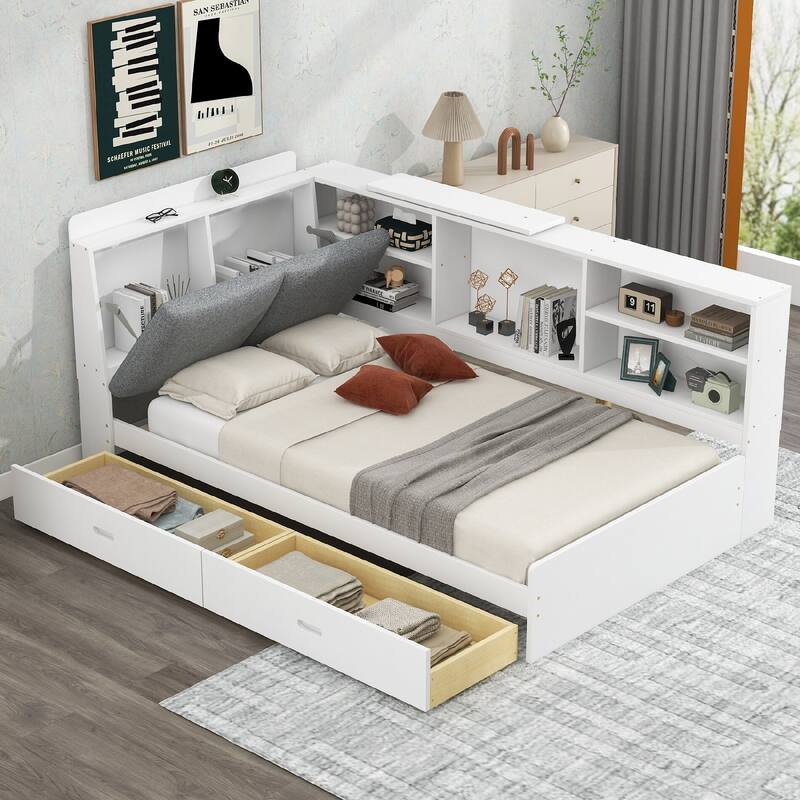 Wood Platform Bed with Storage Headboard, Shelves and 2 Drawers - White - Twin