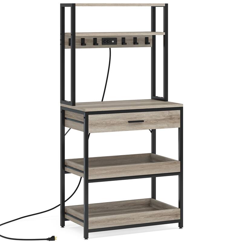 Kitchen Bakers Rack with Power Outlets, High Utility Storage Shelves Microwave Stand with Drawers