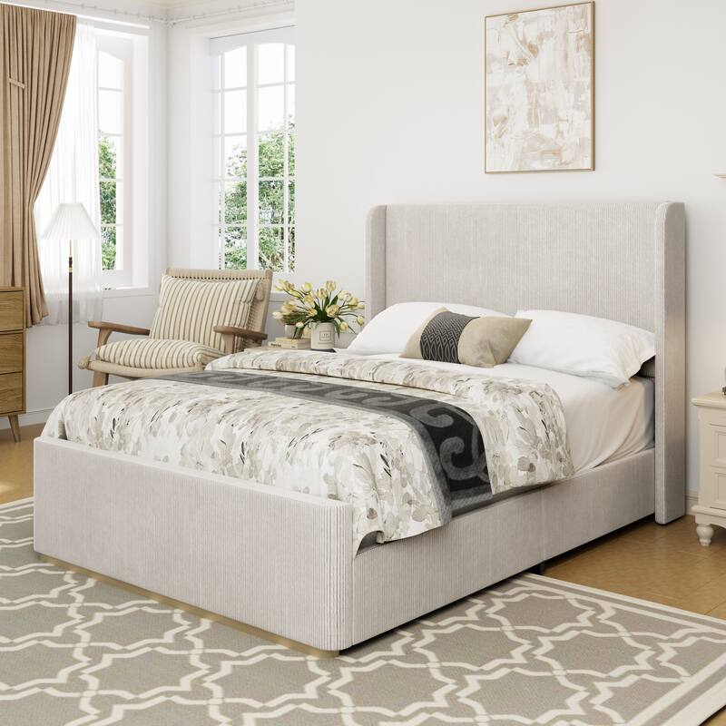 Vertical Stripe Wingback Bed Corduroy Upholstered Bed Frame with High Headboard, Low Profile Platform Bed Light Grey Frame Bed