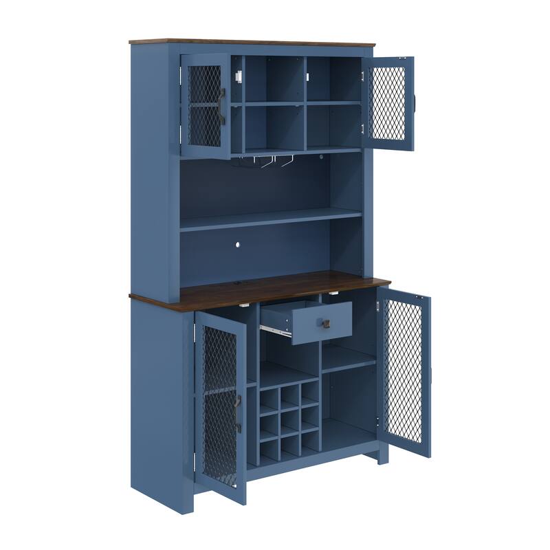 71" Pantry Cabinet, Coffee Bar Storage Cabinet with Charging Station & LED Lights, Tall Kitchen Hutch Cabinet with Wine Rack