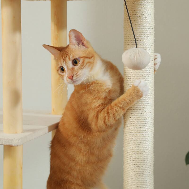 53" Modern Wooden Cat Tower for Indoor Large Cats, Multi-Level Cat Condos with Long Scratching Posts and Scraping Columns