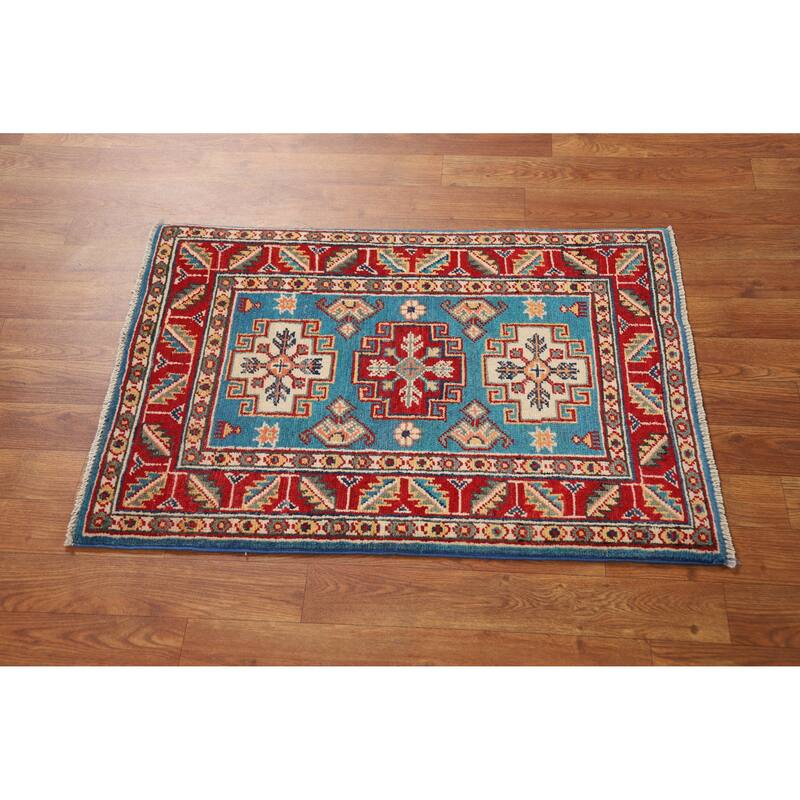 Geometric Kazak Oriental Foyer Rug Handmade Blue Wool Carpet - 2'0"x 3'0"