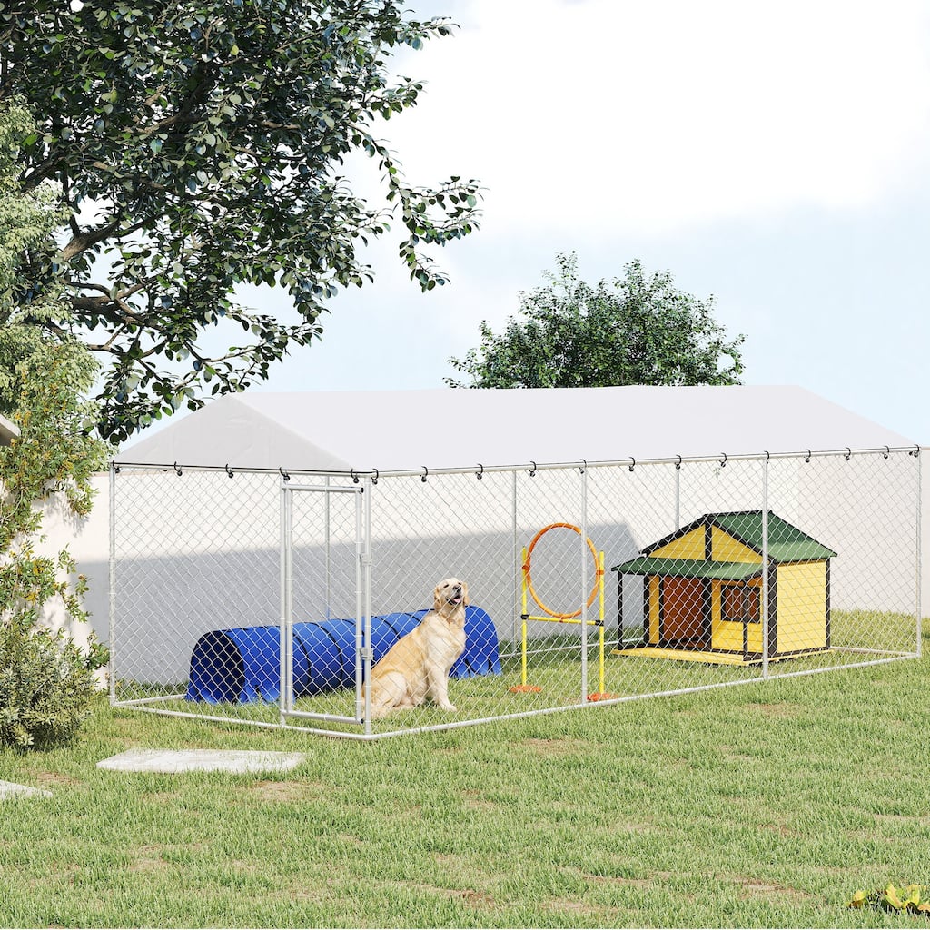 PawHut Outdoor Dog Kennel, Chain Link Dog Run with Waterproof Cover, Secure Lock, 20' x 7.5' x 6.5'