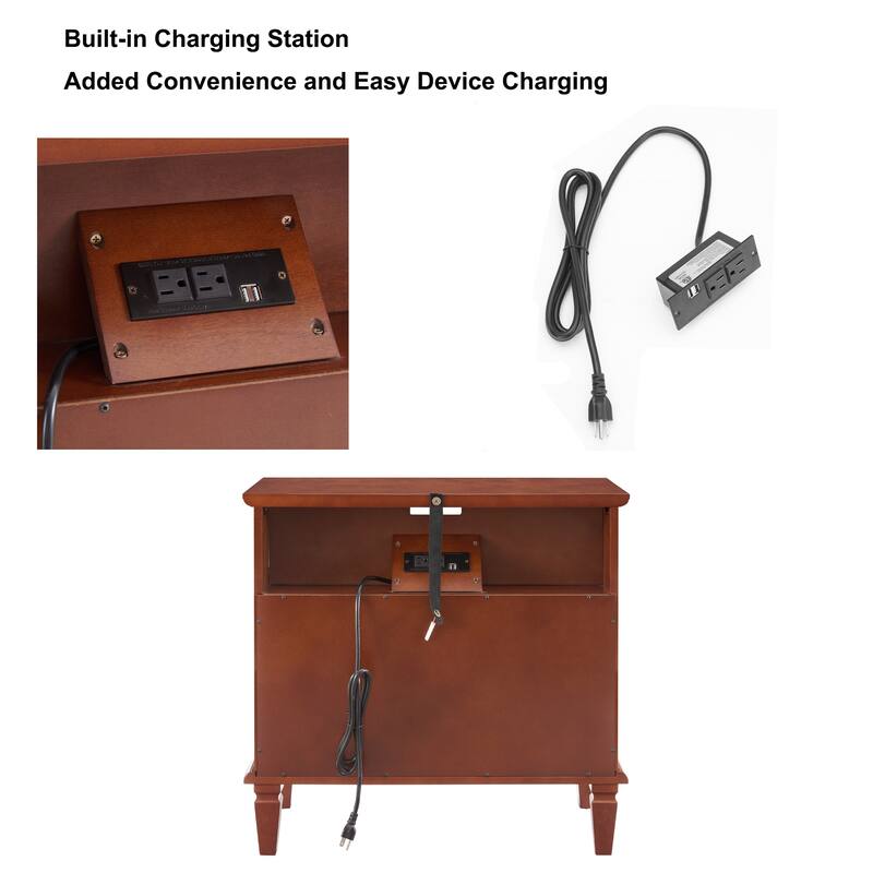 Farmhouse 2-Drawer Dresser Nightstand with Charging Station, USB Ports, Open Shelf & Solid Wood Legs