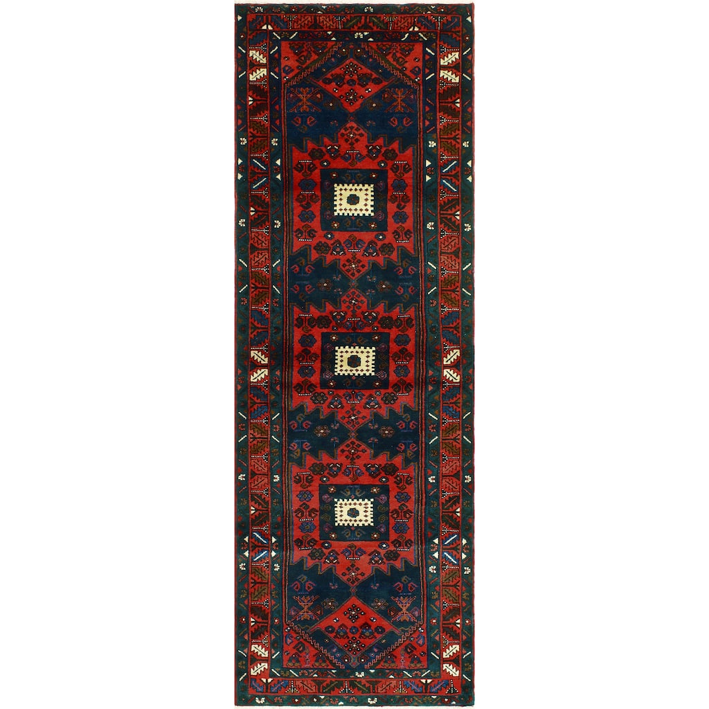 Fine Vintage Distressed Barric Red/Navy Runner - 3'7" x 10'10"