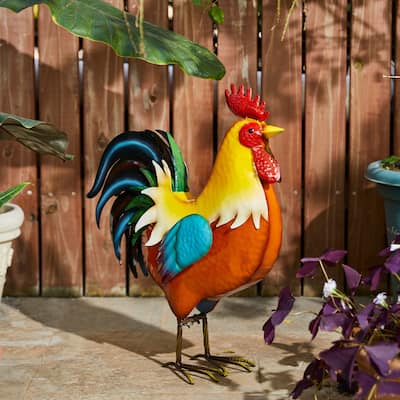 Glitzhome Fall 21"H Metal 3D Colorful Rooster Statue Garden Decor Yard Art Thanksgiving Gifts