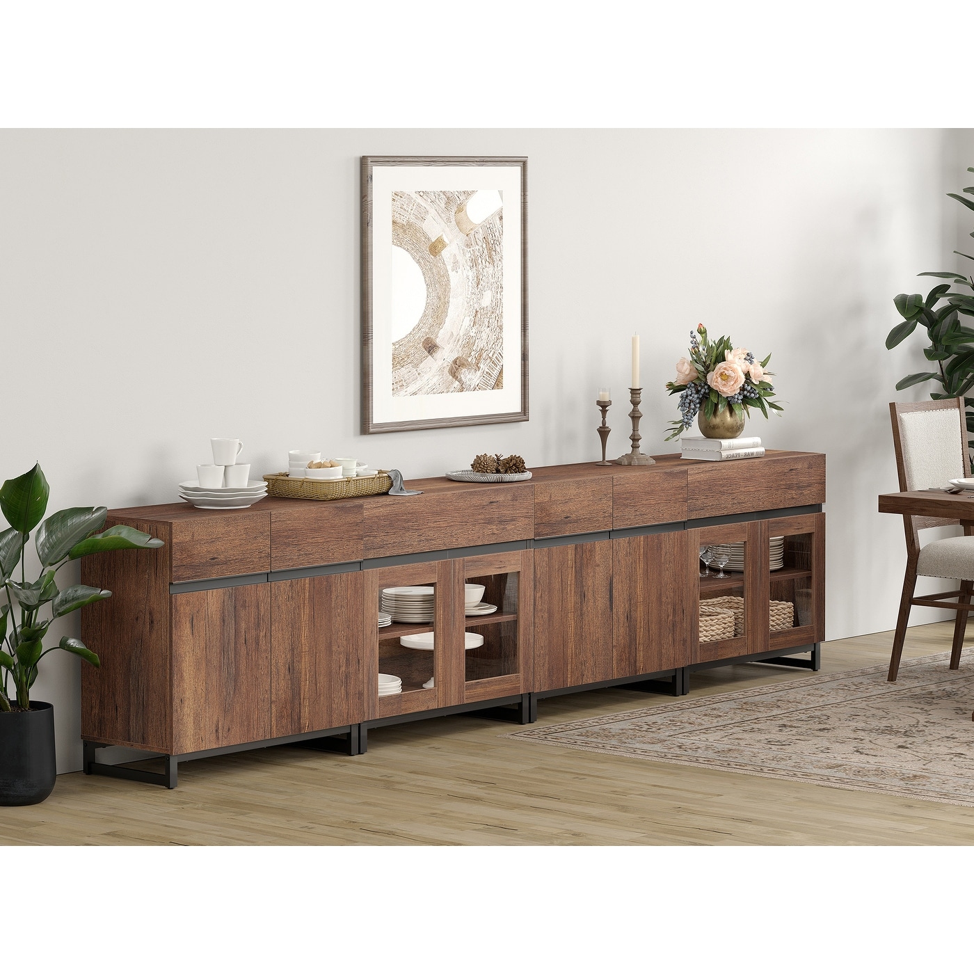 4-in-1 Modern Sideboard Buffet with Glass Doors, 2 Drawers & Metal Base, Adjustable Shelf for Kitchen Coffee Bar Storage