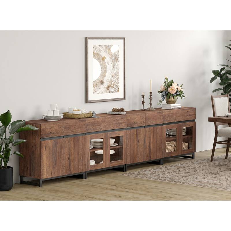 4-in-1 Modern Sideboard Buffet with Glass Doors, 2 Drawers & Metal Base, Adjustable Shelf for Kitchen Coffee Bar Storage - 126 inches - Brown