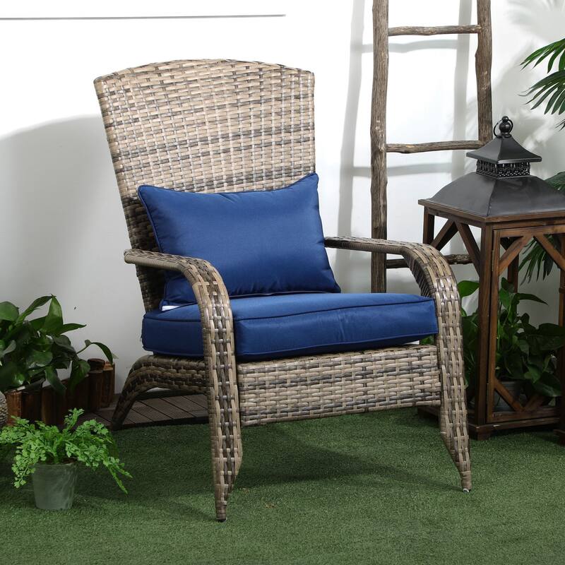Outdoor Wicker Adirondack Chair, Patio Fire Pit Chair with Soft Cushions, Tall Curved Backrest & Armrests