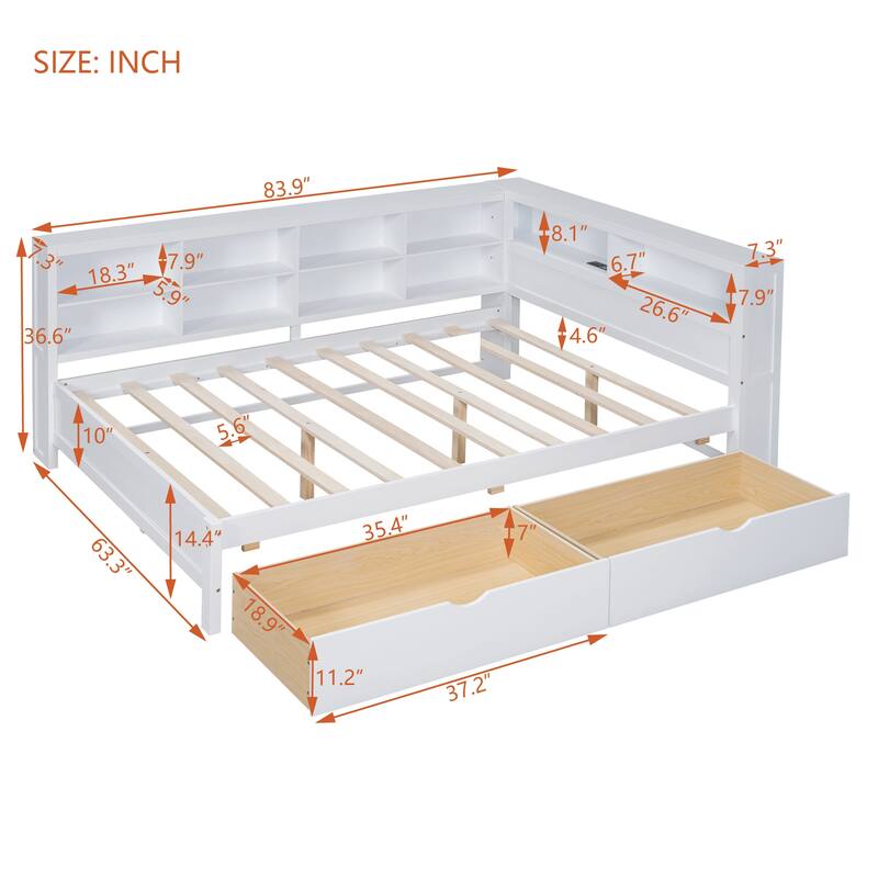 Wooden DayBed with 2 Drawers, Storage Shelf and USB Charging Ports