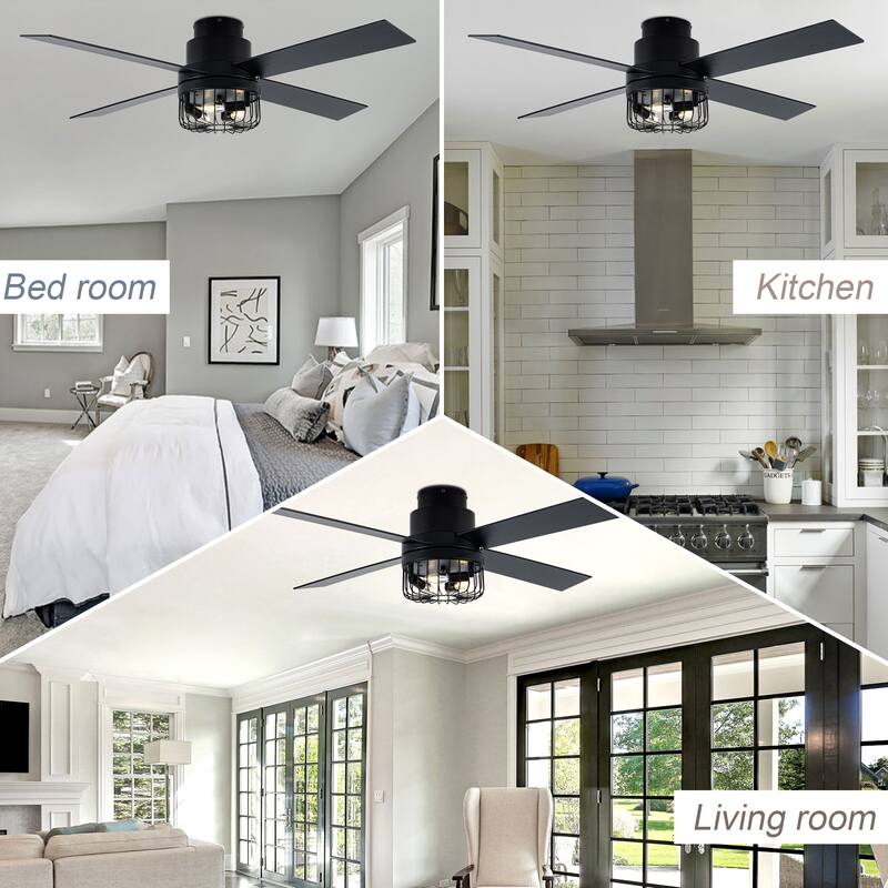 Chichoice 52" Noiseless Black Modern Flush Mount Ceiling Fan Reversible Blades with Light 6 speed Timing Remote Control