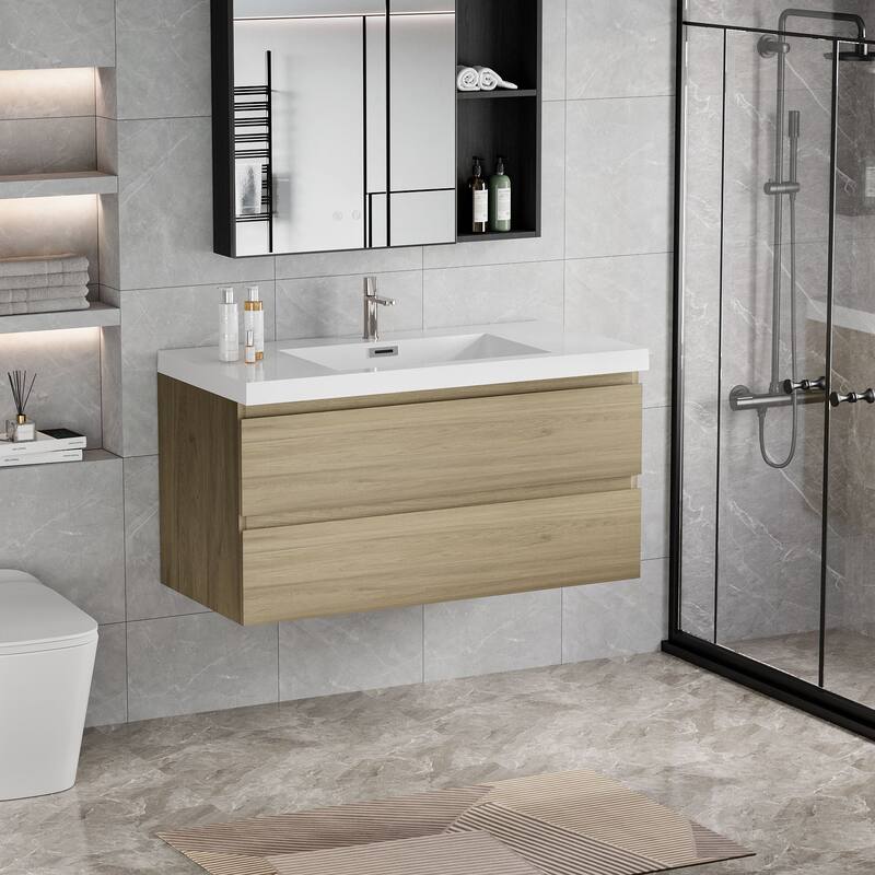 42" Floating Bathroom Vanity with Sink - Ash Grey Wall-Mounted Cabinet, Resin Countertop, Soft-Close Drawers