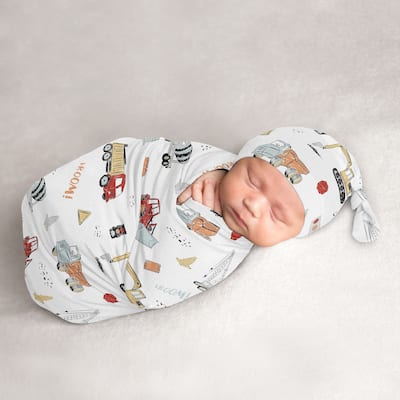 Construction Truck Collection Boy Baby Cocoon and Beanie Hat Sleep Sack - 2pc Set - Grey Yellow Orange Red Blue Transportation
