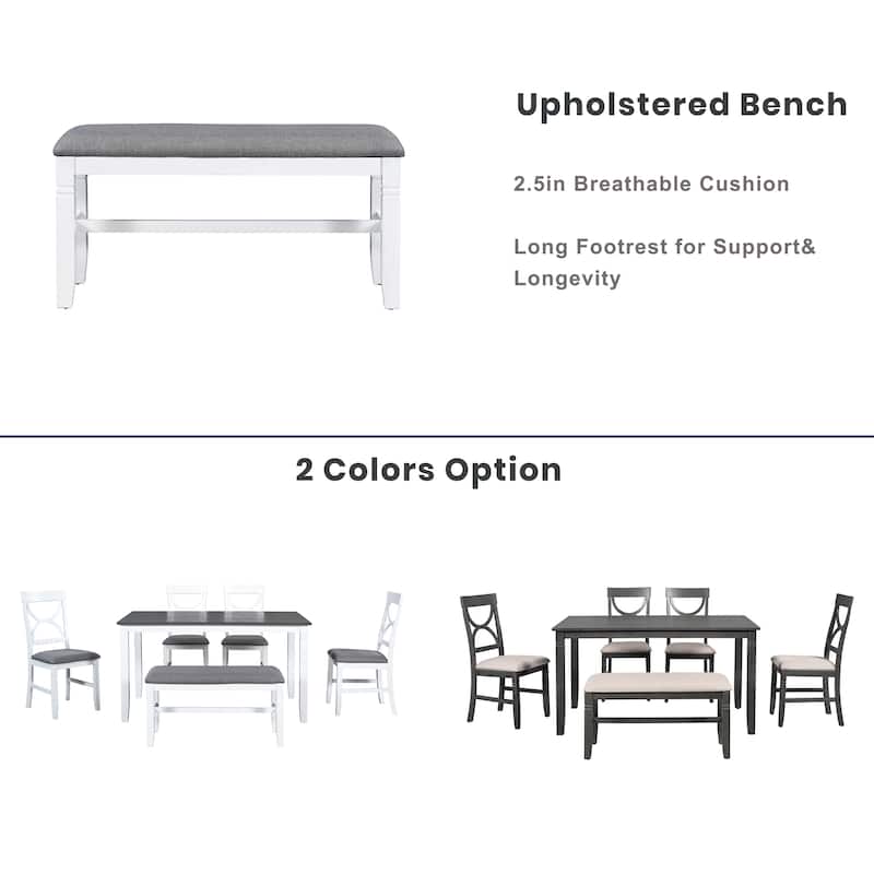 6-Piece Farmhouse Dining Set in Gray & White‌ – Solid Wood Table with Upholstered Bench & 4 Matching Chairs, Perfect.