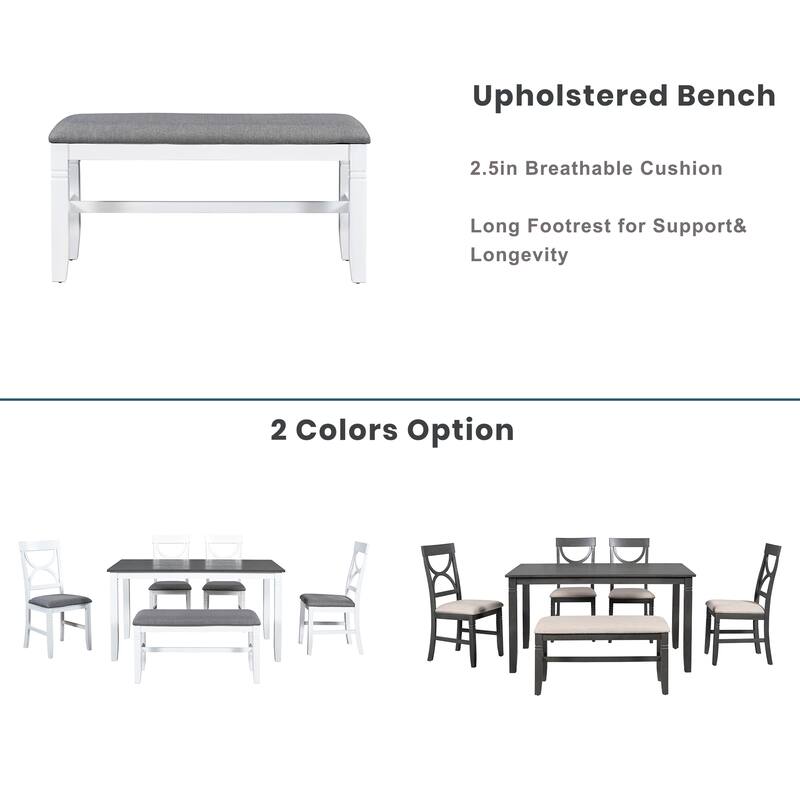 6-Piece Wooden Dining Table Set with Rectangular Table, 4 Chairs & Bench