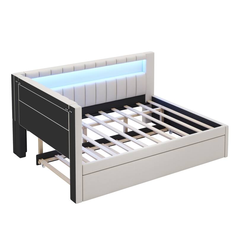 Roomfitters Full Size Upholstered Platform Bed with USB Ports, LED Light Belt and Twin Trundle, Modern Sleeper Bed, White