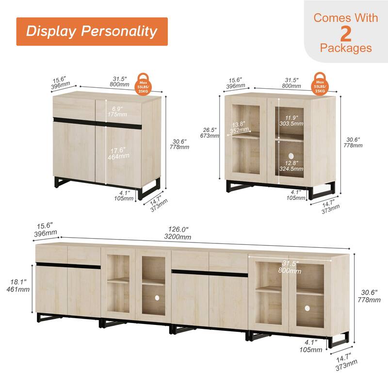 Modern 4-in-1 TV Stand for 120" TVs, Console with Glass Doors & 2 Drawers, Adjustable Shelf