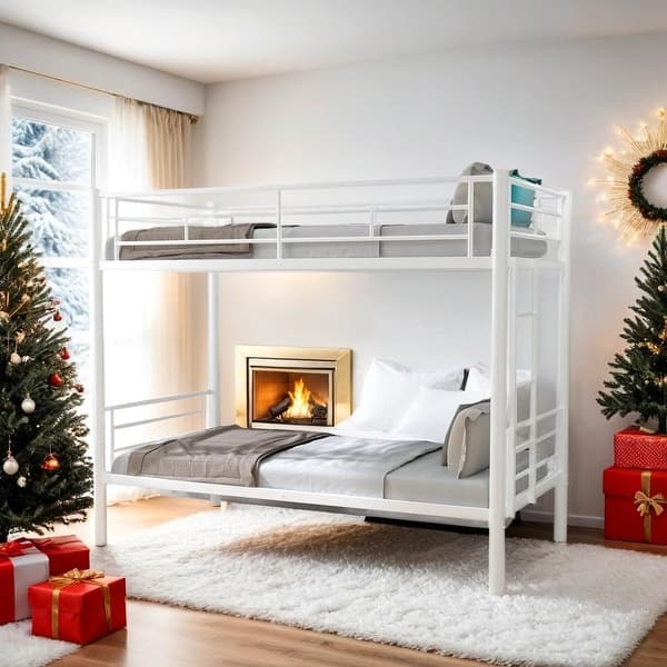 slide 2 of 27, Sturdy Metal Twin Over Twin Bunk Bed with Ladder, High Guardrail, Splittable Design, and Storage Space, Noise Free White