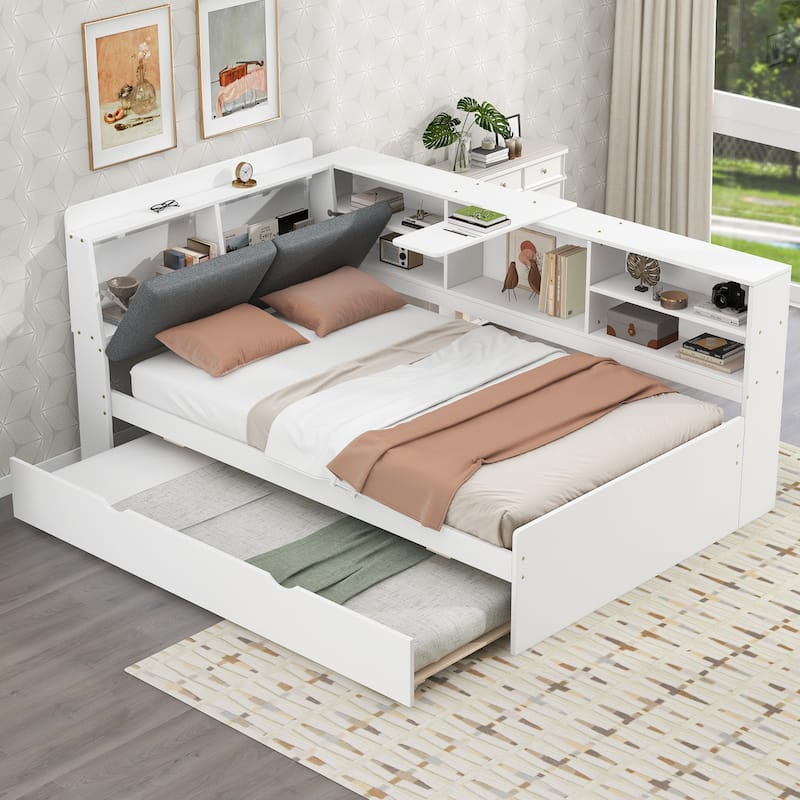 Twin Size Platform Bed with Trundle Bed, Built-in Storage Headboard, Shelves, and Rotating Board, Upholstered Backrest - White