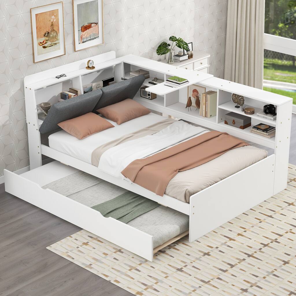Twin Size Wood Platform Bed with Trundle, Shelves and Storage Headboard, White