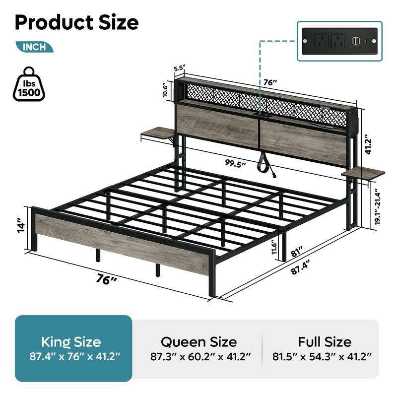 Platform Bed with LED Upholstered Storage Headboard Charge Station Foldable Bedside Shelf