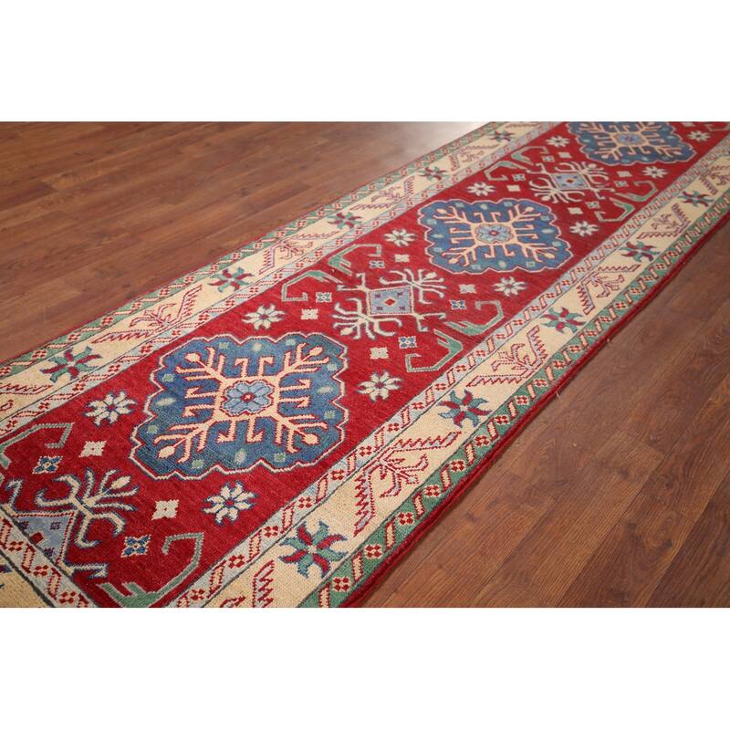 Geometric Red Kazak Oriental Runner Rug Handmade Wool Carpet - 2'6" x 16'0"