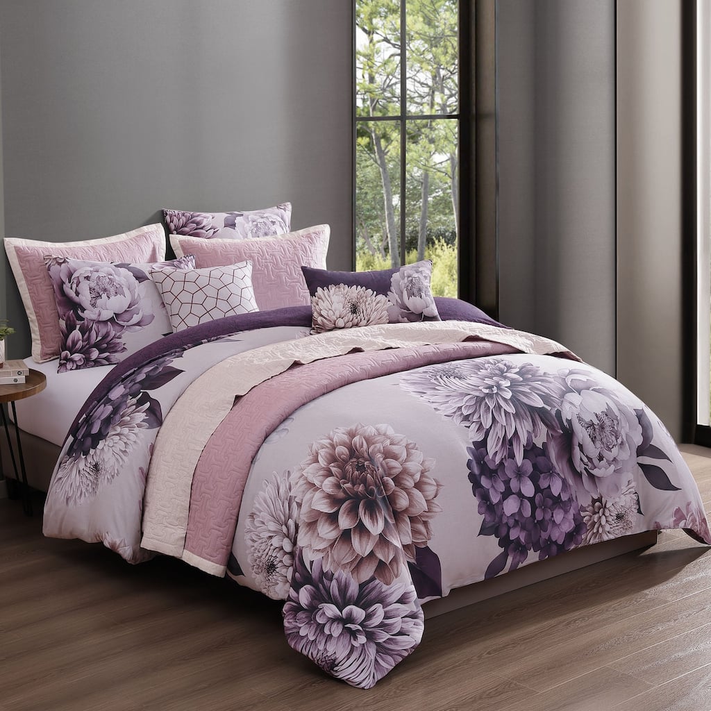 Bebejan Plum Petal 8 Piece 100 % Cotton Sateen Reversible Comforter & Coverlet Set