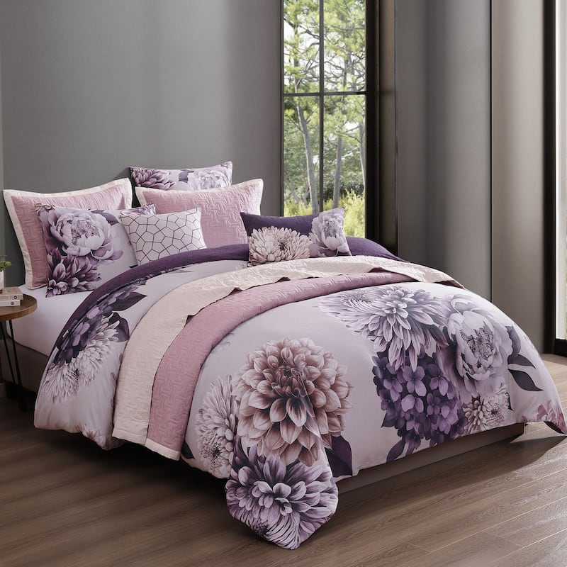 Bebejan Plum Petal 8 Piece 100 % Cotton Sateen Reversible Comforter & Coverlet Set