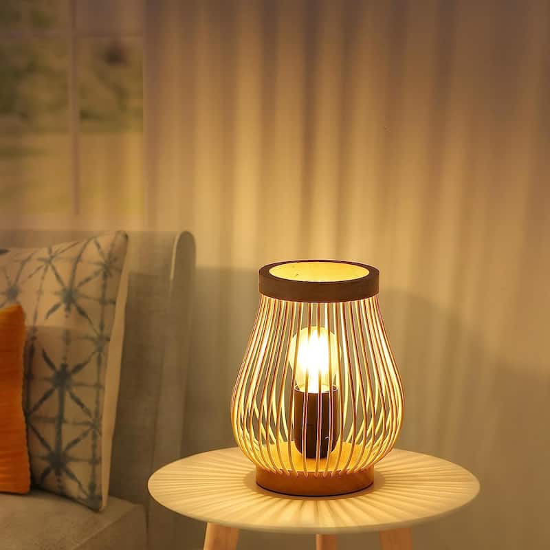Farmhouse Natural Bamboo Rattan Table Lamp, Boho Handmade Woven Round Lampshade Nightlight, Industrial Desk Light for Bedroom