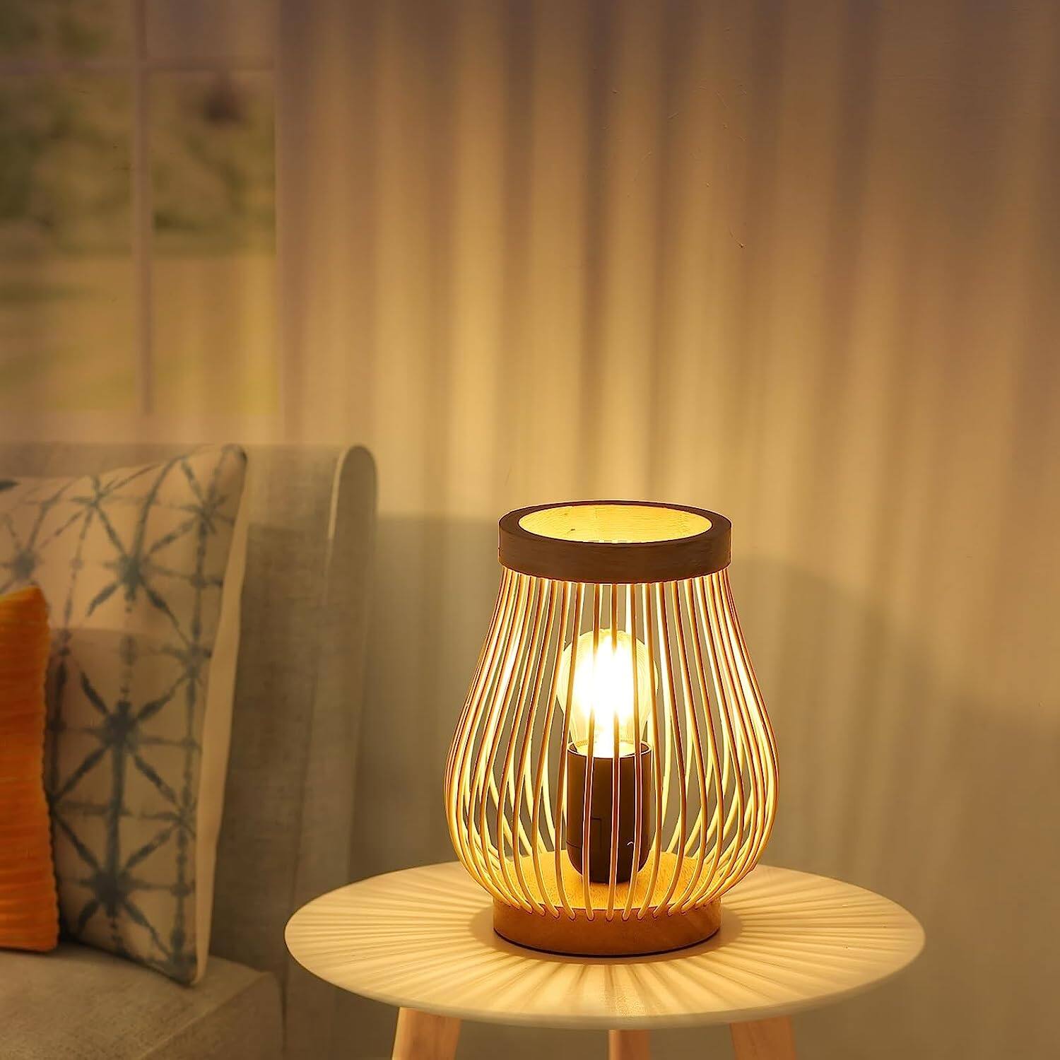 Farmhouse Natural Bamboo Rattan Table Lamp, Boho Handmade Woven Round