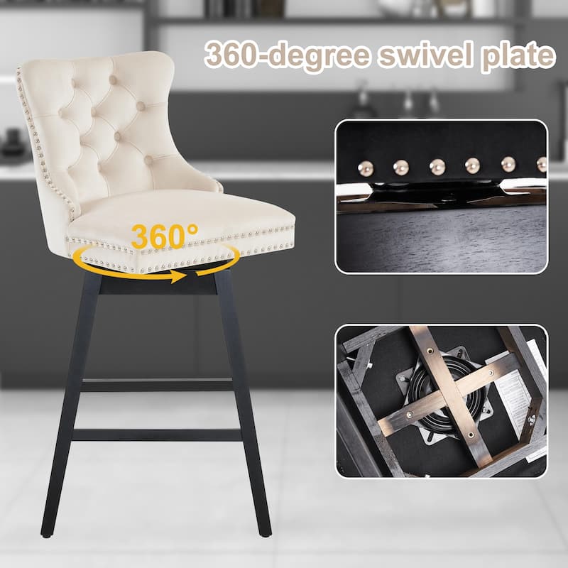 26"/29" Velvet Swivel Counter and Bar Height Stools Solid Wood Frame (Set of 4)
